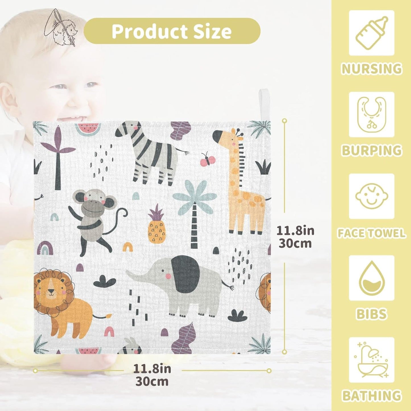 Cute Exotic Animals Burp Cloths for Boys Girls, Monkey Elephant Baby Muslin Washcloths Cartoon Lion Giraffe Zebra Soft Absorbent Face Bath Towel Kids Wash Cloth 12x12 Inch, 3 Pack