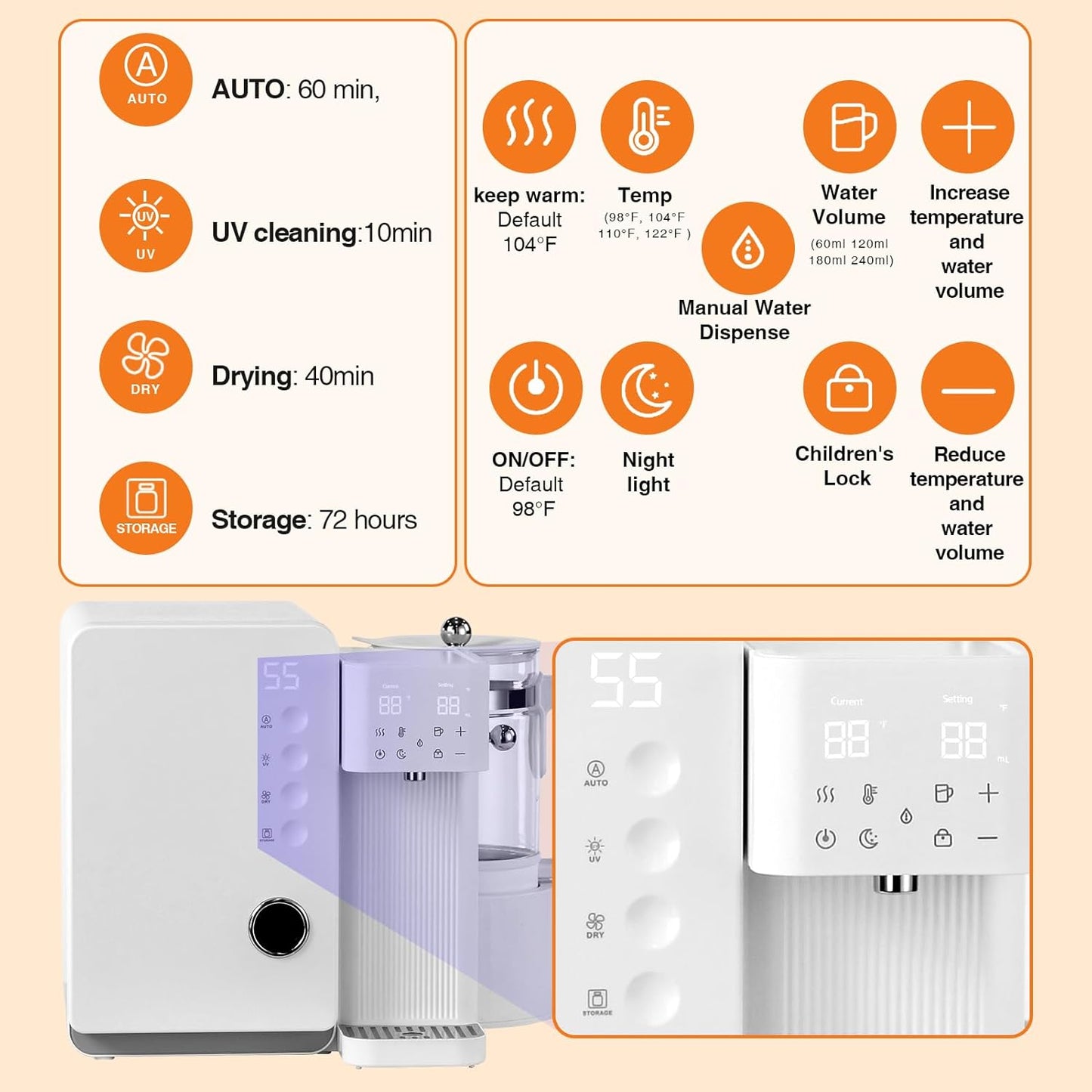 UV Sanitizer and Dryer 6-in- 1 Sanitizing Machine for Baby Bottles ，1.5L Formula Maker with Night Light 4 Temperature Control 24H Keep Warm 72H Storage