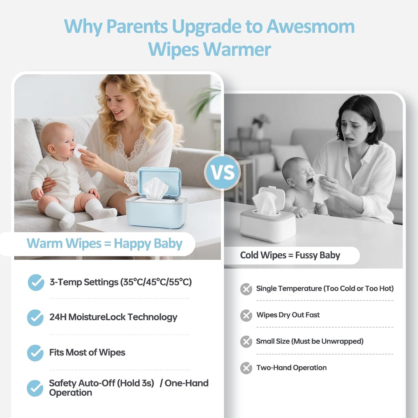 Wipe Warmer for Babies, Adult, Adjustable Temperature, Silent Heating, Large Wipe Holder with Constant Warmth –Blue