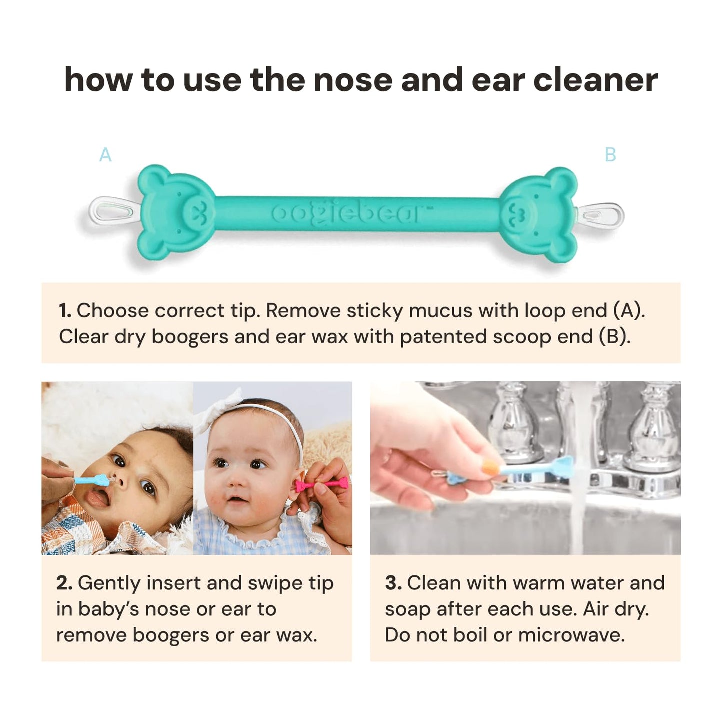oogiebear: Baby Nose Cleaner & Ear Wax Removal Tool - Safe Booger & Earwax Removal for Newborns, Infants, Toddlers - Dual-Ended - Essential Baby Stuff, Diaper Bag, Raspberry & Seafoam with case