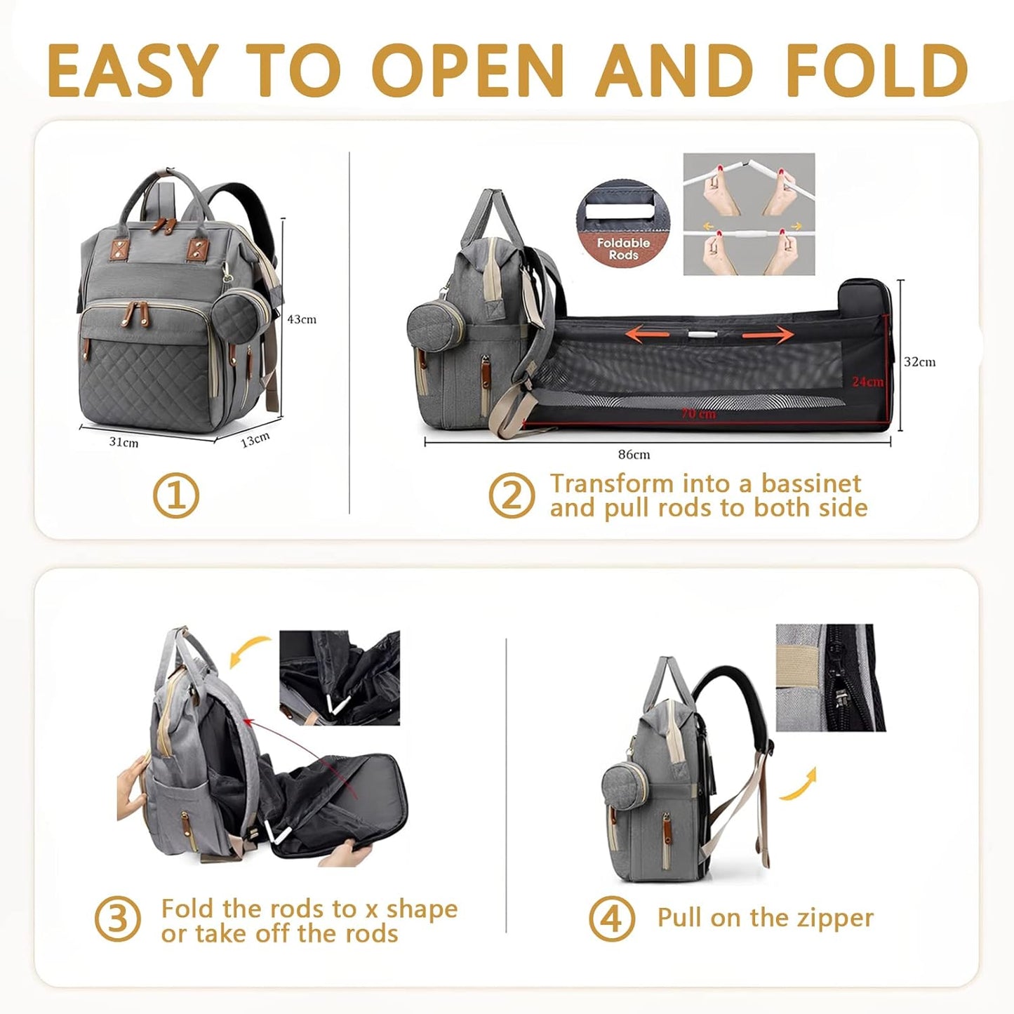 Baby Diaper Bag Backpack with Changing Station Travel Waterproof 3 in 1 Foldable Pad Unisex Grey