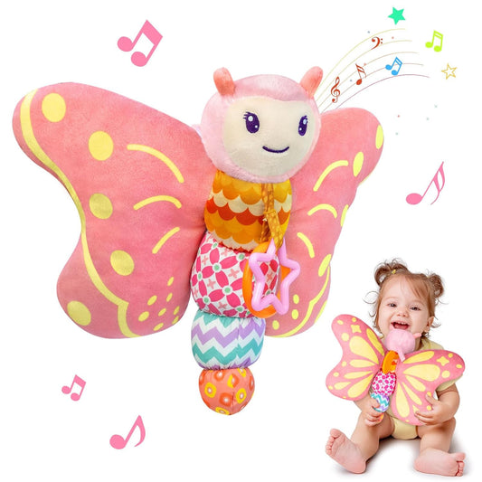 Baby Toys 0-6 Months,Infant Musical Sensory Stuffed Animal with Squeaker,Rattle,Crinkle Wings,Teether & Hanging Ring,Tummy Time Toy for Newborn 0-3-6-12 Months Boys & Girls Gift,Butterfly,Pink