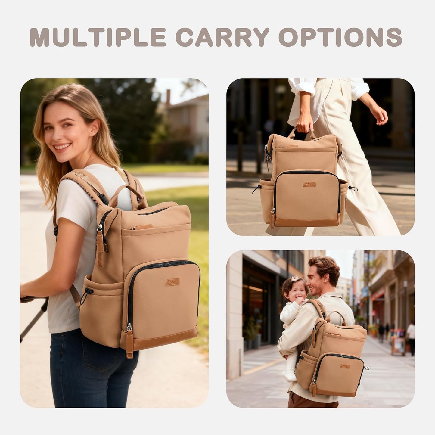 VONAL Neoprene Diaper Bag Backpack with Changing Pad, 33L Large Capacity Neoprene Backpack Baby Diaper Bag with Insulated Pockets, Travel Diaper Backpack Baby with 12 Pockets for Mom & Dad, Brown