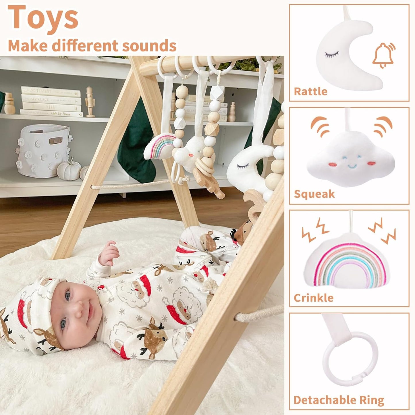 little dove Foldable Wooden Play Gym with 6 Toys - Infant Activity Gym for Baby Girls and Boys with Hanging Bar - Montessori Newborn Gift