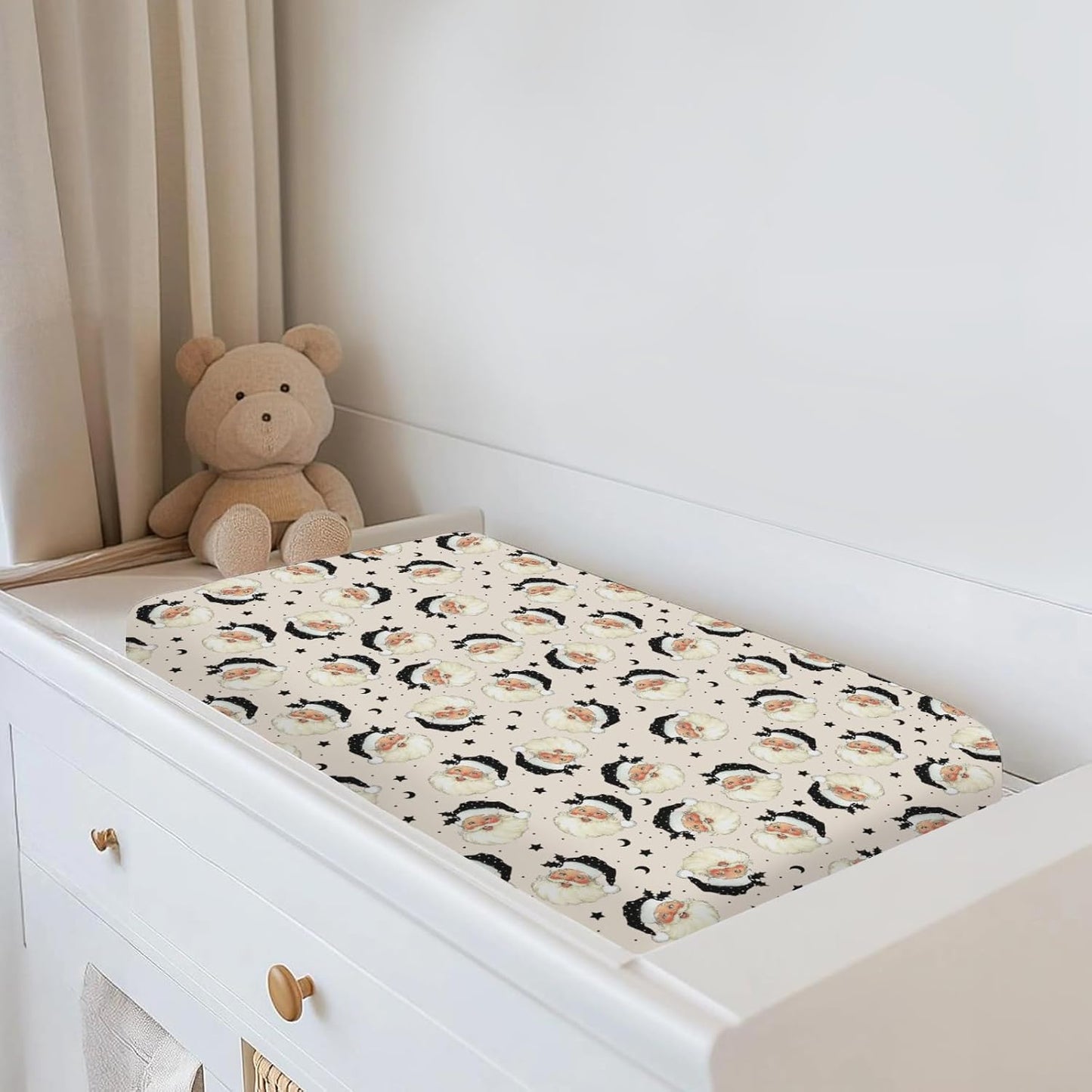 Vintage Christmas Santa Claus Baby Changing Pad Covers for Boy Girl Retro Santa Fir Leaves Moon Stars Fitted Changing Table Mats Winter Holiday Festive Soft Diaper Change Table Cover Sheets 32''×16''