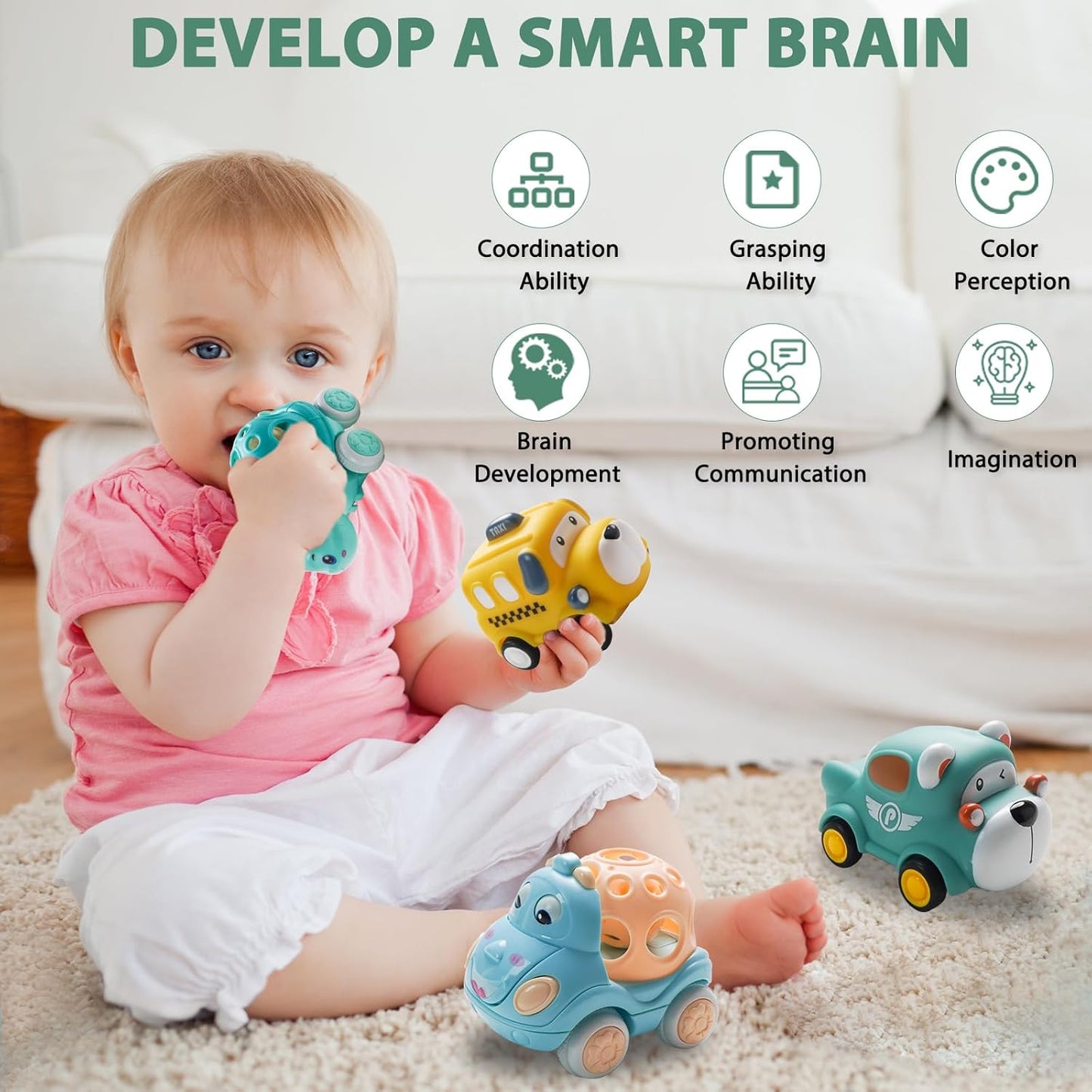 Car Toys for Babies Toddlers 1-3,Rattles Toy Car，Animals Friction Powered Push Toy Cars, 1 Year Old Girl Gifts，1 Year Old Boy Gift,First Ideal Early for Educational Toys