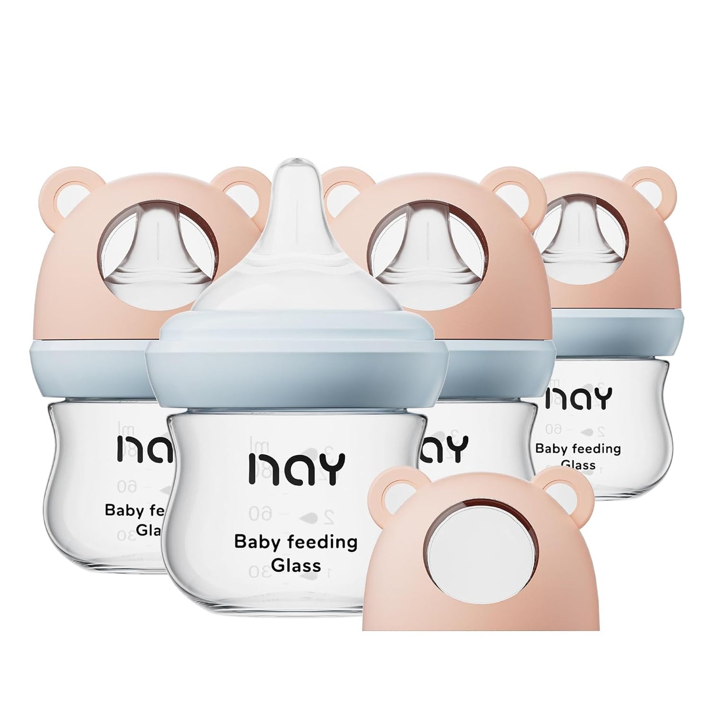 Natural Glass Baby Bottle for Breastfeeding Babies, 3oz Newborn Anti-Colic Baby Bottle with Slow Flow Nipples (SS), Clear, Wide Neck, 4 Pack, 0 Months+