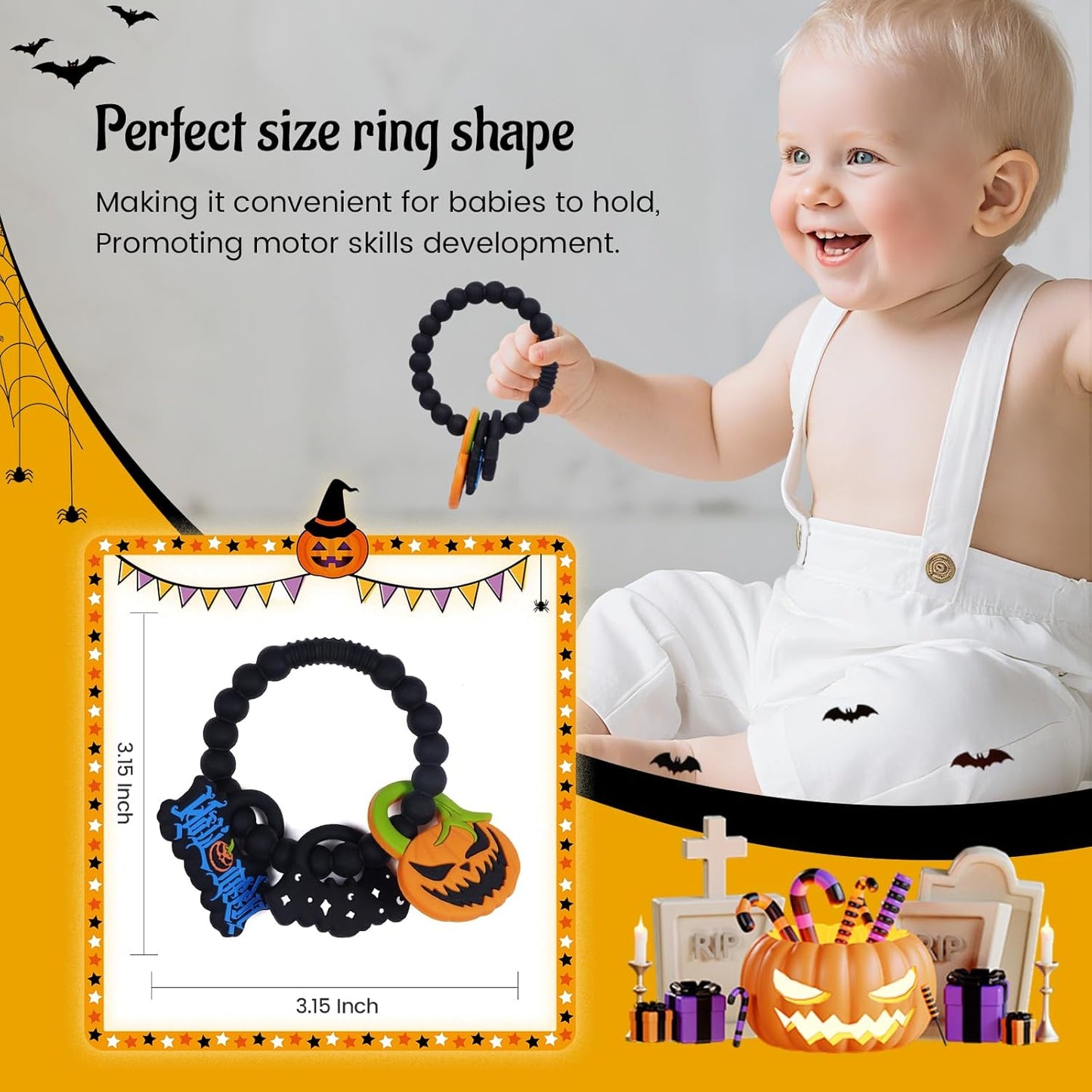 Baby Silicone Halloween Pumpkin Teether Ring Toy,Food Grade Silicone Chew Toys for 0-6,6-12,12-18 Months Newborns,Infants,Toddlers Teething Relief,Safe and Soft,BPA Free,Baby Essentials.