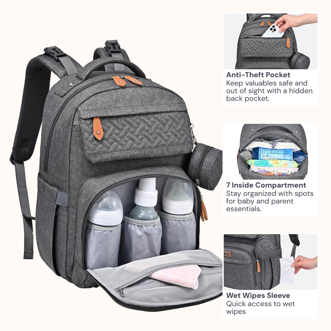 BabbleRoo Diaper Bag Backpack, Travel Backpack with Changing Pad, Pacifier Case & Stroller Straps, Multifunction, Waterproof, Unisex - Dark Gray