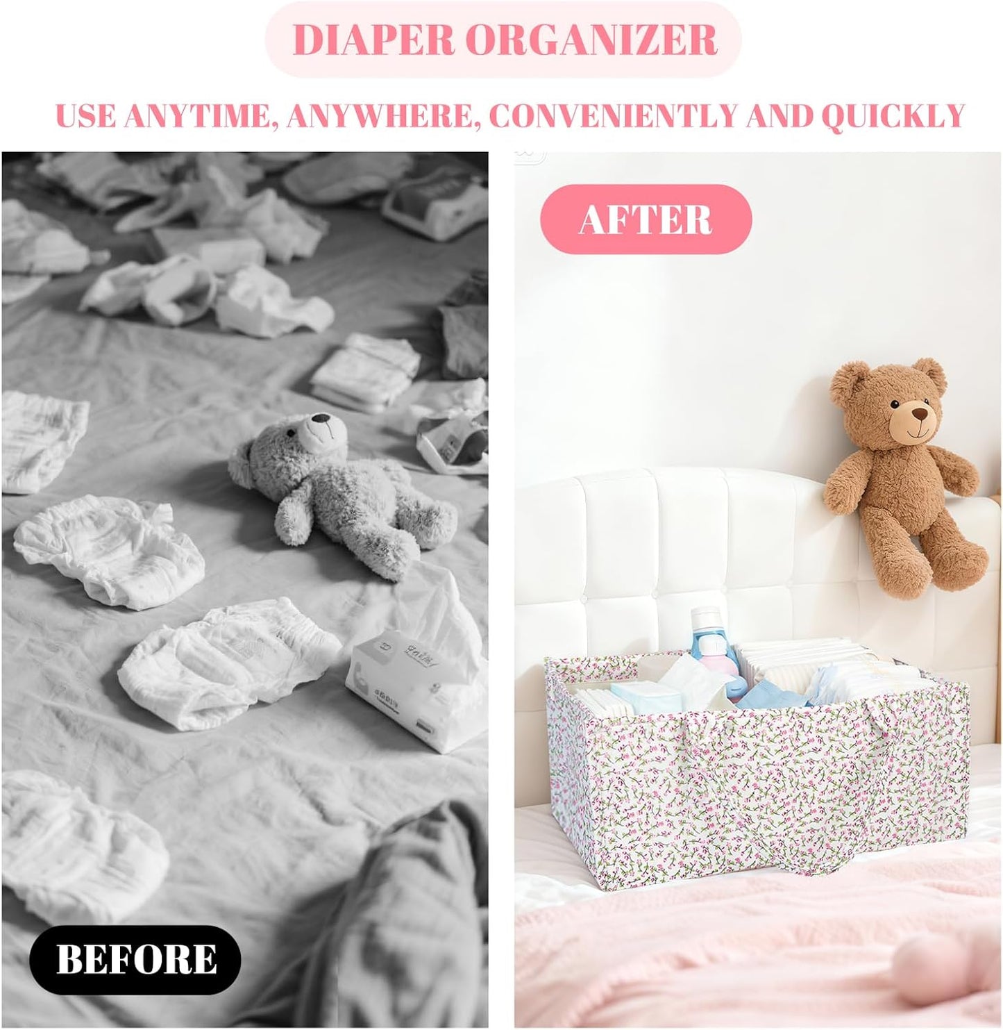 Floral Quilting Diaper Caddy Organizer, Quilted Diaper Bag, Stylish Nursery Storage Basket, Gift for Baby Shower, Diaper Caddy Organizer for Changing Table, Newborn Essentials, Pink Floral