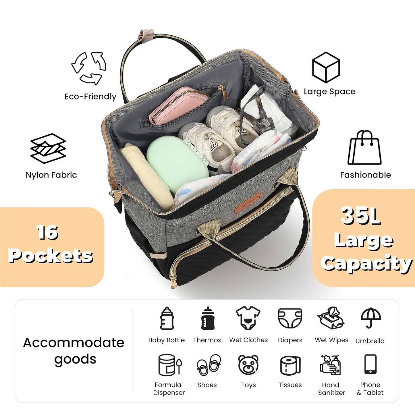 Diaper Bag Backpack with Changing Pad, Pacifier Case, Baby Bag for Boy Girl Toddler - Large, Stylish, Waterproof Travel Quilted Diaper Bag for Mom - Baby Shower - Black Grey