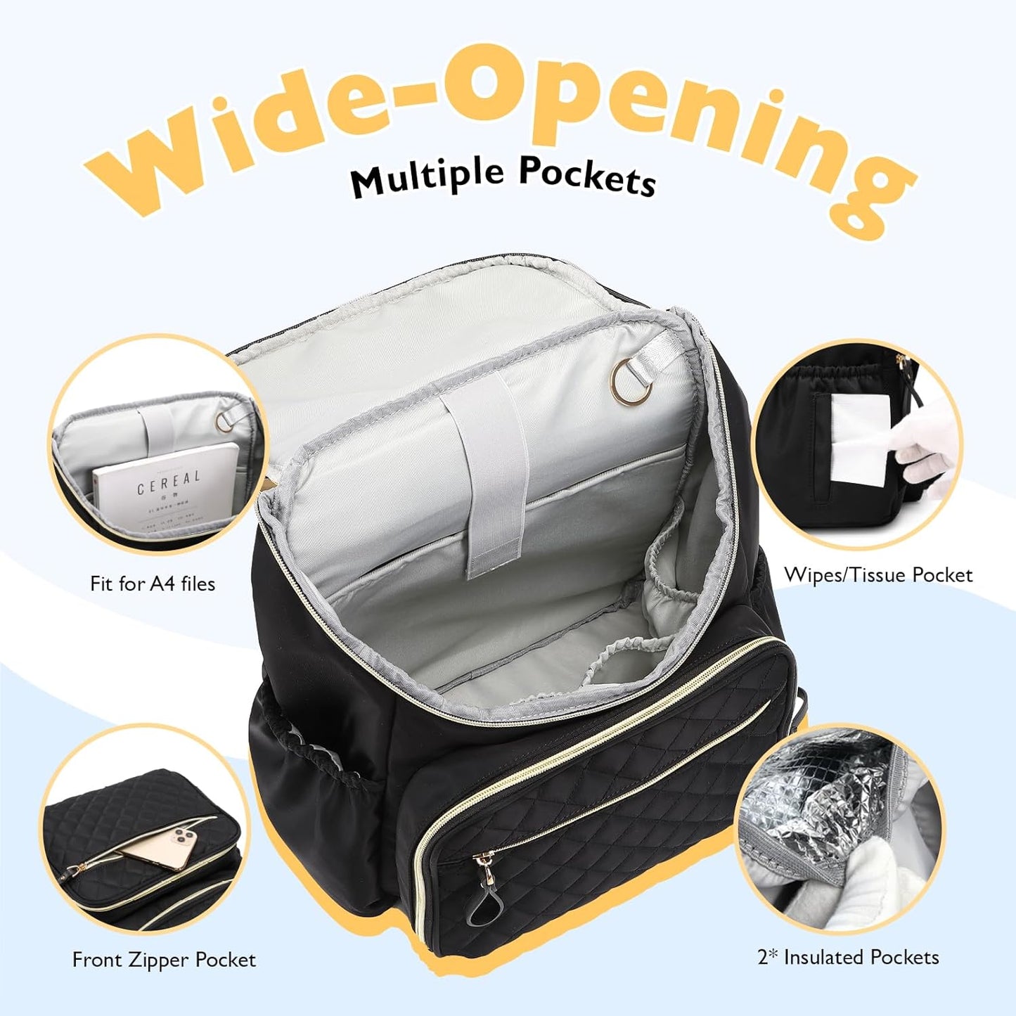Large Capacity Diaper Bag Backpack with Stroller Buckle, Water-Resistant Travel Baby Bag with Insulated Pockets (Classic, Black)