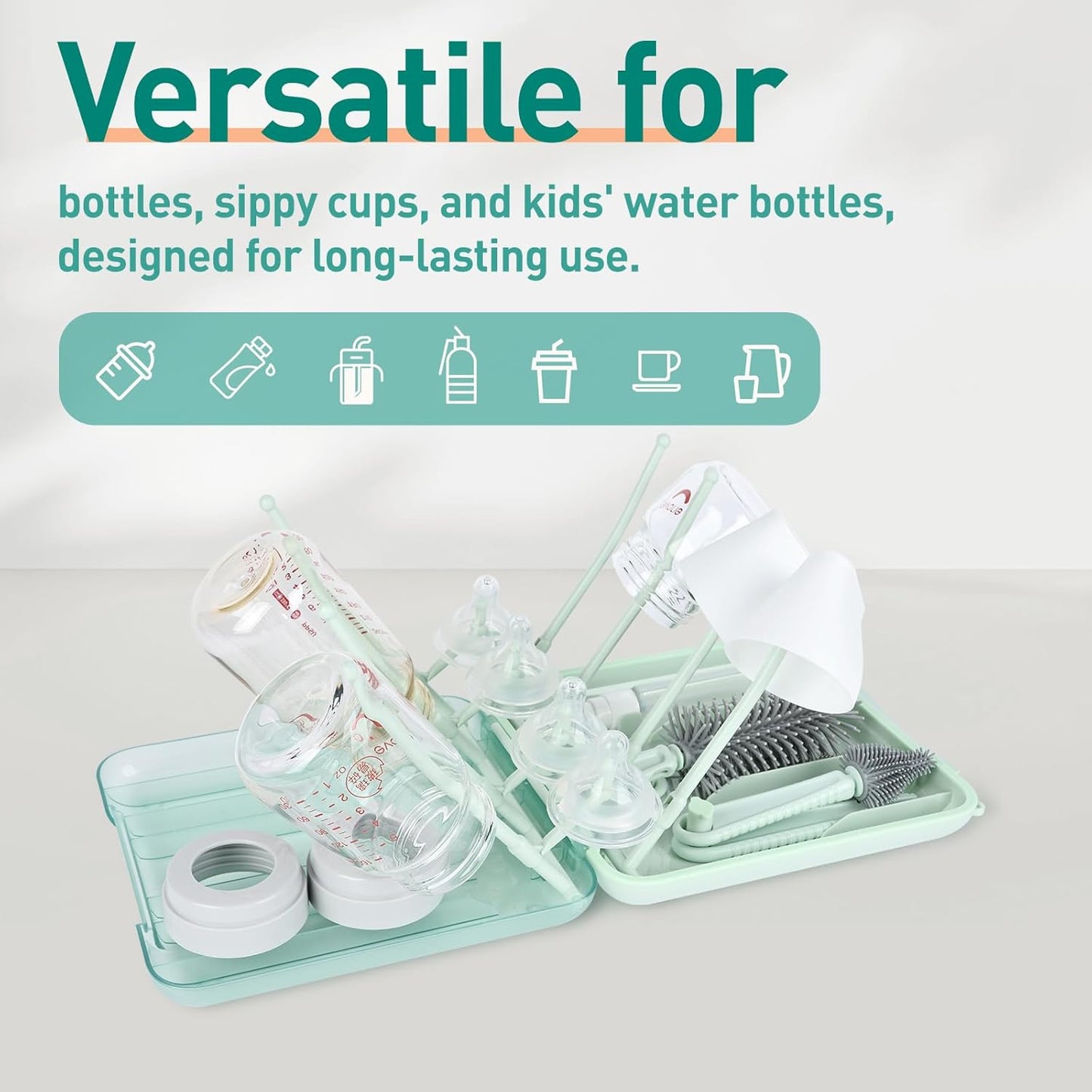 Baby Bottle Brush Set, 6-in-1 Travel Bottle Cleaning Kit with Silicone Bottle Brush, Nipple & Straw Brush, Soap Dispenser, Drying Rack, Storage Box – Compact Travel Baby Essential for Home & On-The-Go