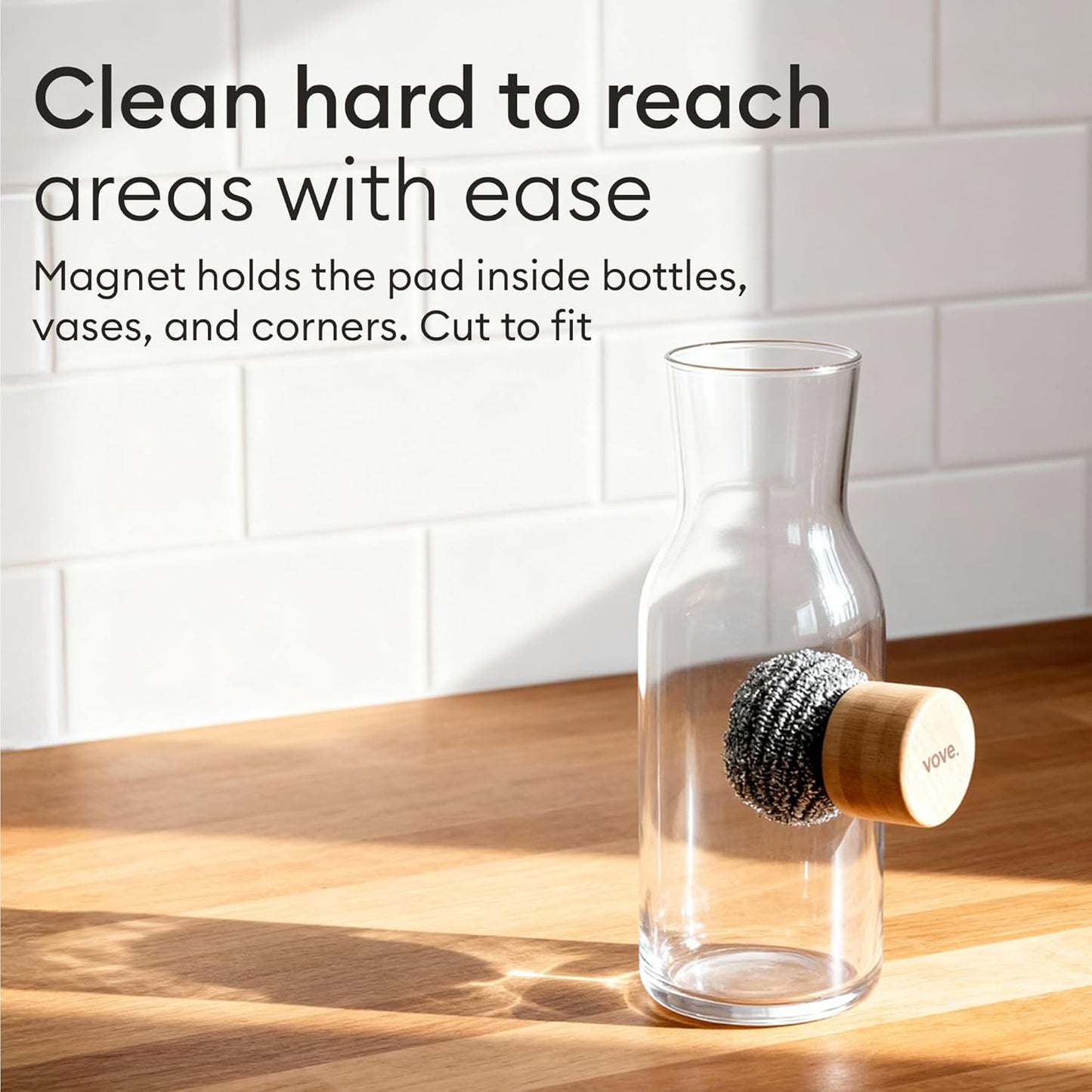 Vove Magnetic Scourer & Bamboo Dish Brush Set, Stainless Steel Scrubber with FSC-Certified Bamboo Handle and 3 Pads, Sisal Fiber Brush, for Cast Iron, Pots & Pans, Eco-Friendly Kitchen Cleaning Bundle
