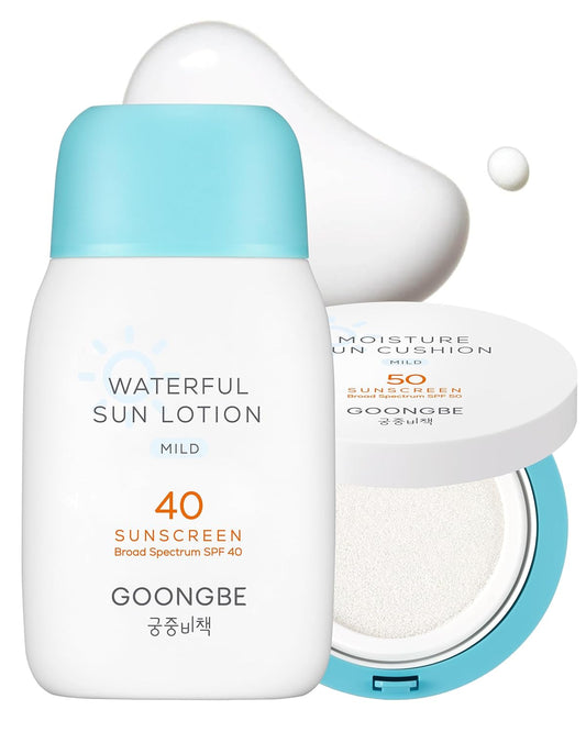 GOONGBE Sun Lotion SPF 40 & Moisture Sun Cushion SPF 50-100% Zinc Oxide Mineral Sunscreen - Vegan Reef-Safe for Babies Kids Adults - Korean Skincare, 2.82oz & Cushion 0.81oz