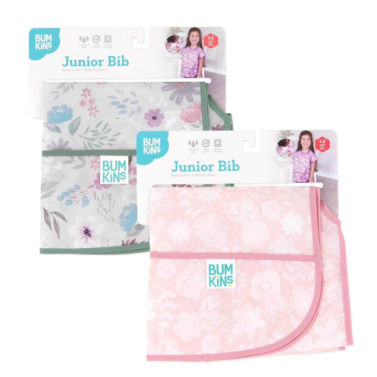 Bumkins - Junior Bib - For Boys & Girls, Toddlers & Kids 1-3 Years - Lightweight, Durable, Waterproof - Short Sleeve Bib - Catch-All Pocket - Wipeable & Machine Washable - Floral & Lace - 2 Pack