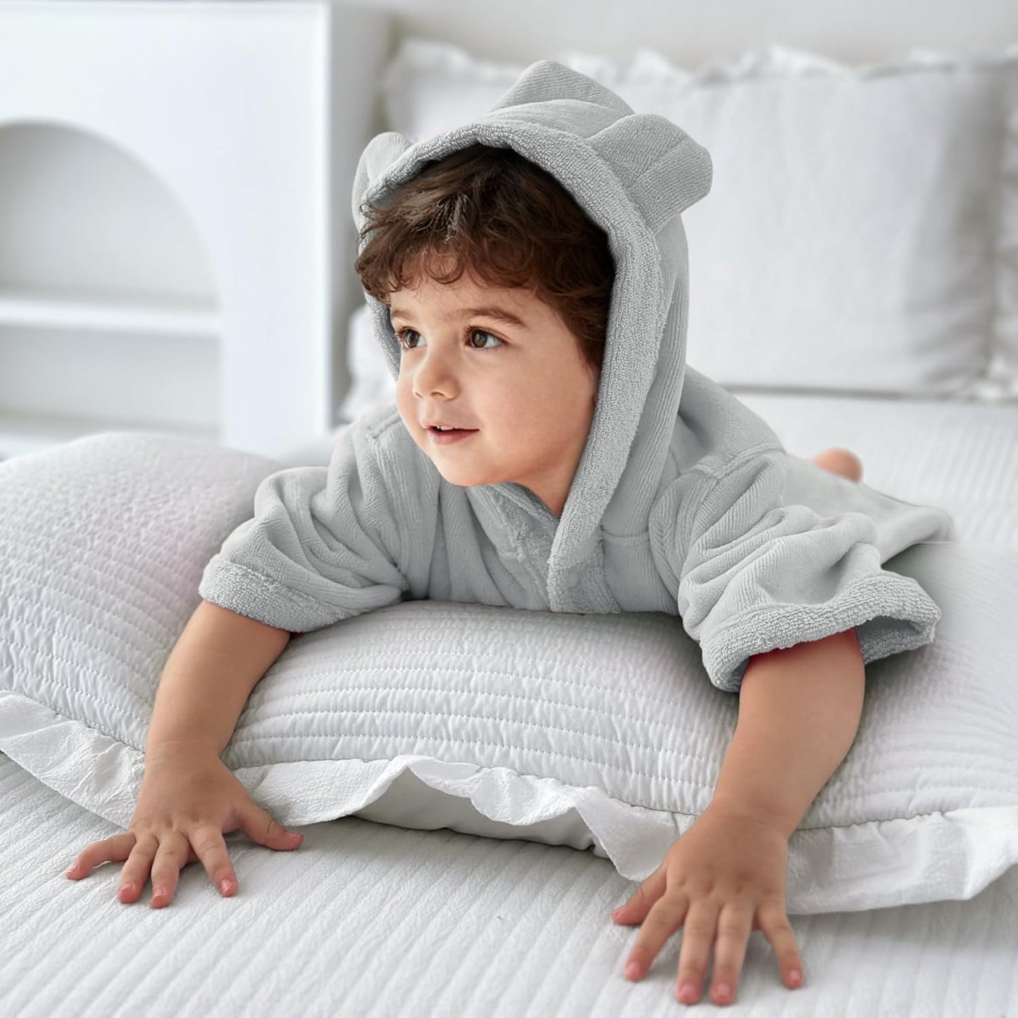 VOOVA & MOVAS Baby Hooded Bath Towel with Bear Ear (0-3Years) 100% Cotton Soft Absorbent Skin-Friendly Bath Pool Beach Towel Robe for Newborns & Infants - Perfect Set,Gray