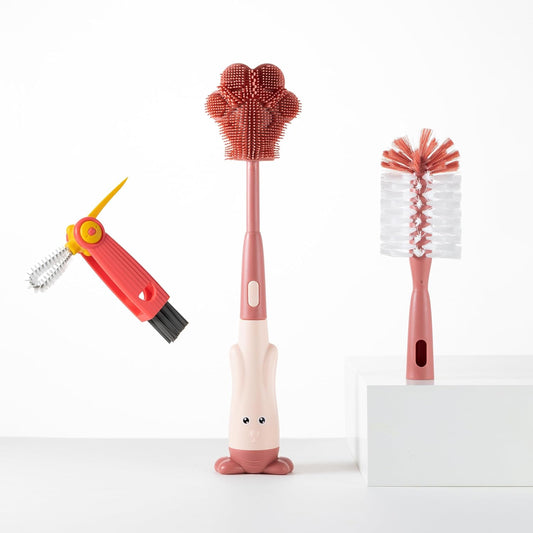 Chemimoso Cup Cleaning Brush, Silicone Baby Bottle Brush with Stand, Large Handle Water Bottle Brush Cleaner Set, with a Tiny Cup Lid Gap Cleaning Brushes Kit, Pawprint, Pink