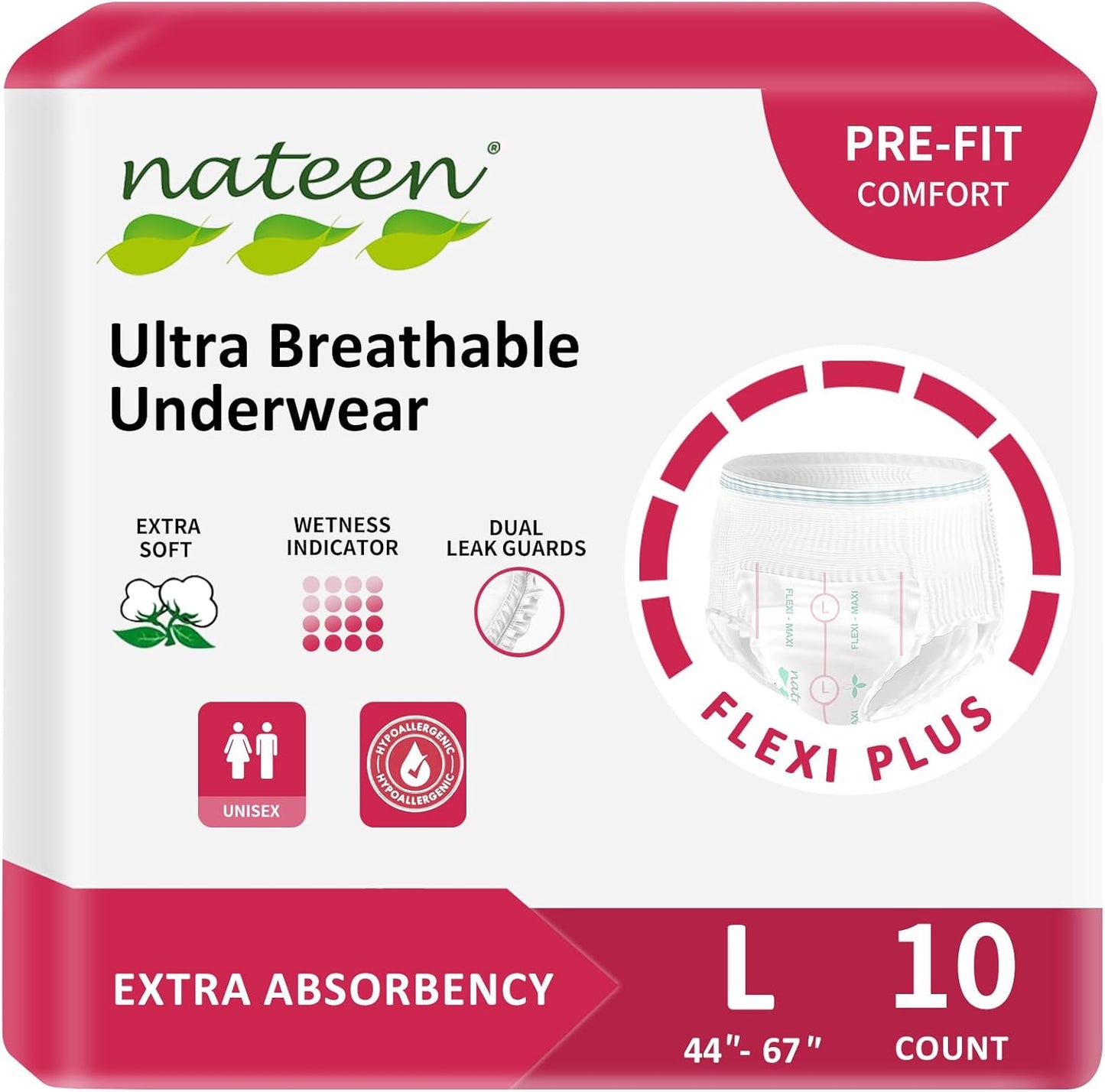 Nateen Flex Plus Adult Incontinence Underwear for Women and Men，Extra Absorbency Adult Pull Ups,Soft Cloth-Like Adult Diapers, Large, 10 Count