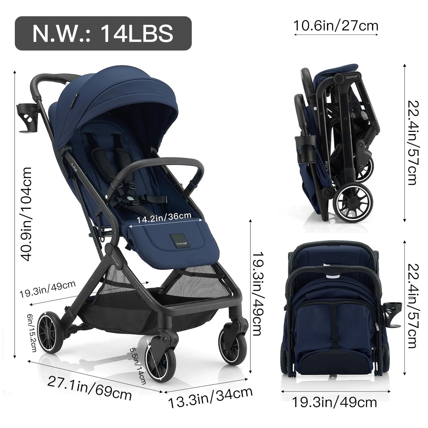 Compact Fold Baby Stroller, Lightweight Travel Toddler Stroller with One-Click Fold, Extendable UPF50+ Canopy, Cup Holder, UV Protected and Waterproof, One-Hand Folding - Blue