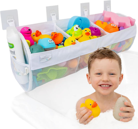 Comfylife Large Bath Toy Organizer – 3 Compartment Bath Toy Holder for Bathtub & Shower – Quick-Dry Mesh with 4 Strong Adhesive Hooks – Kids Toys Storage Net for Bathroom, shower & Tub