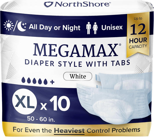 NorthShore MegaMax Adult Overnight Diapers, 12-Hour Tab-Style, X-Large, 10 Count Bag, White, 50-60 inches, Unisex Incontinence Underwear