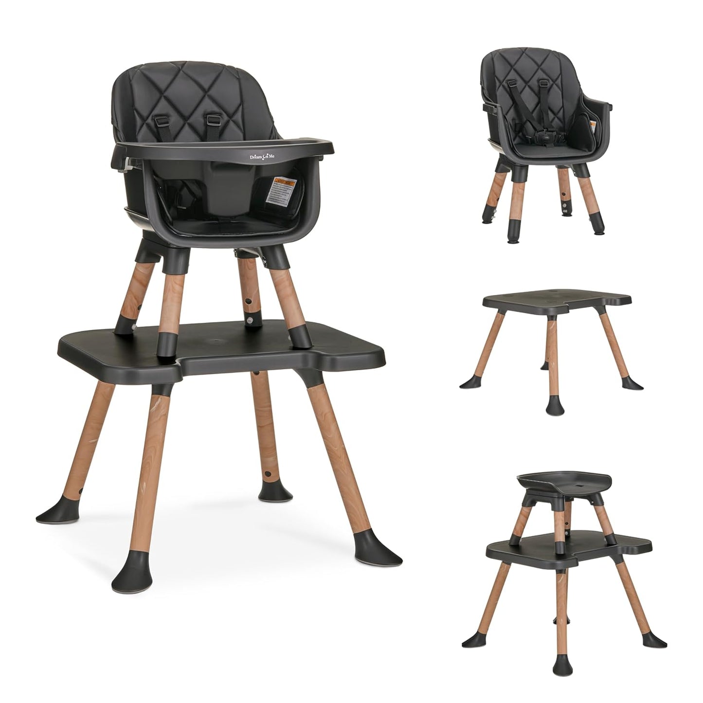 Dream On Me Luna 4-in-1 Convertible Baby High Chair in Black, Transforms into Booster, Toddler Seat & Table Set, Adjustable and Removable Tray Portable High Chair
