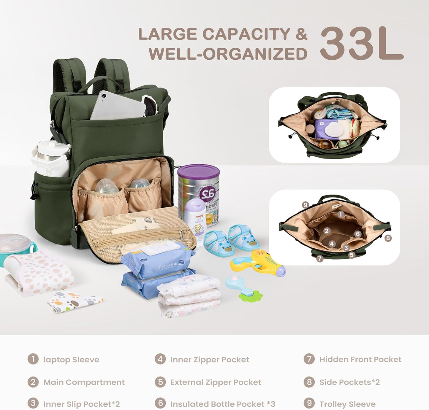 VONAL Neoprene Diaper Bag Backpack with Changing Pad, 33L Large Capacity Neoprene Backpack Baby Diaper Bag with Insulated Pockets, Travel Diaper Backpack Baby with 12 Pockets for Mom & Dad, Green