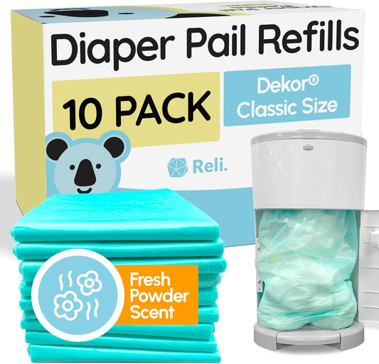 Reli. Diaper Pail Refill Bags, Compatible with Dekor Classic (10 Pack) | Diaper Dekor Refills w/Powder Fresh Scent | Odor Blocking, Strong, Easy Replacement Bags | Holds up to 4950 Diapers