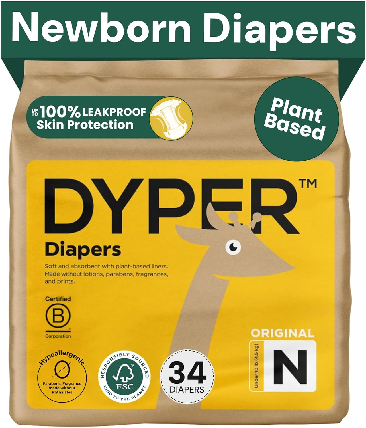 DYPER - Baby Diapers Size 0 (34 Count) - Plant Based Disposable Diapers for Day and Overnight Premium Leak Protection, Skin-Friendly Comfort with Soft Size 0 Diapers (<10 lb)