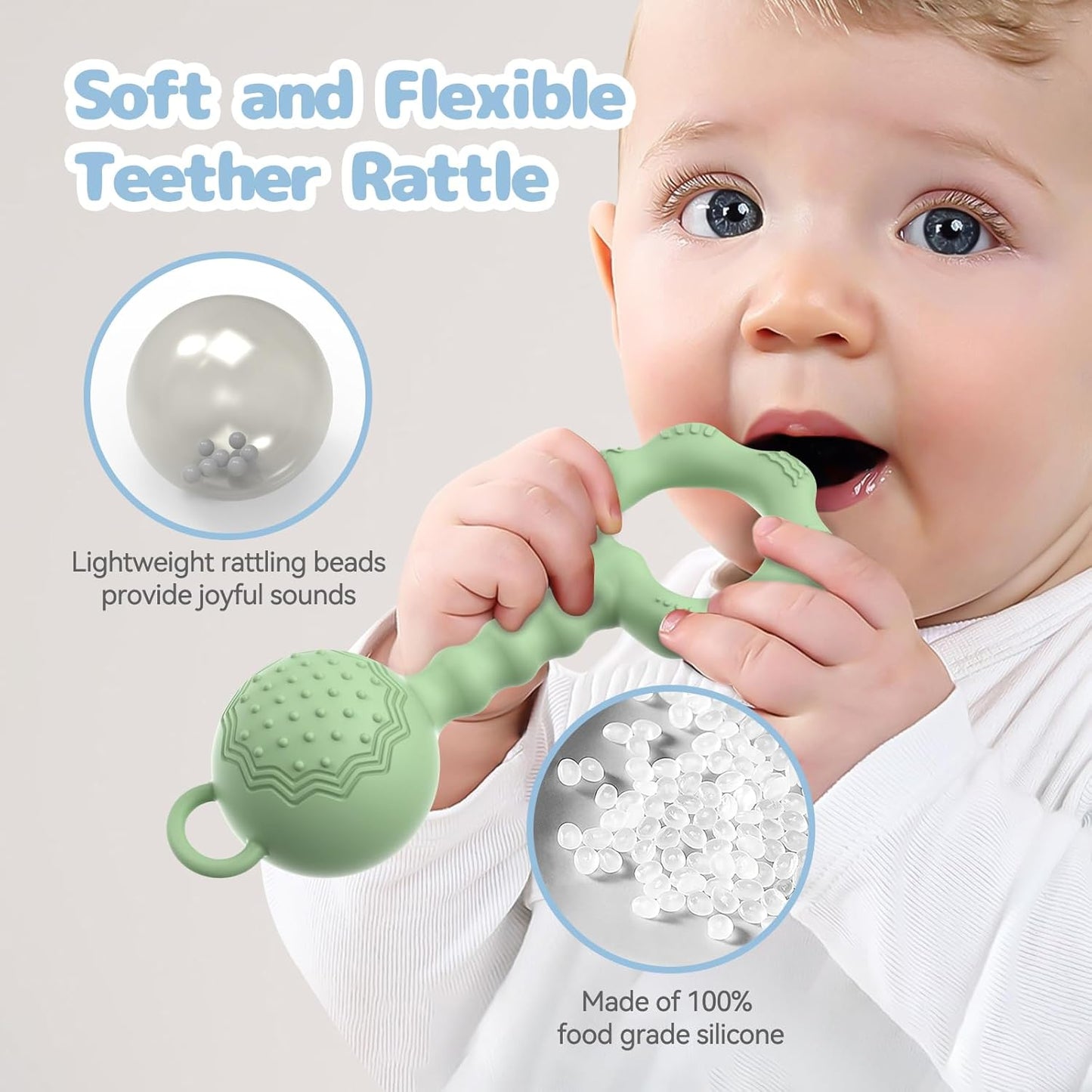 2 Pcs Baby Rattle Teether, 2-in-1 Rattle and Teether Toy for Soothing Sore Gums and Keeps Little Ones Entertained, Food Grade Silicone (Blue+Green)