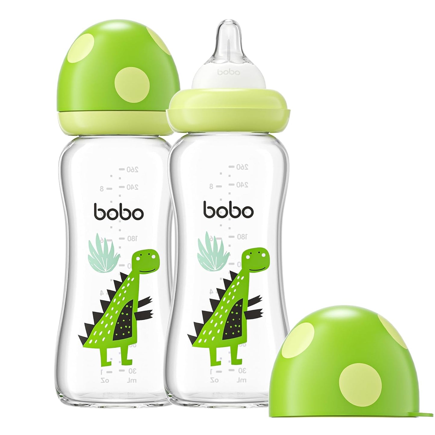 YOHKOH Natural Glass Baby Bottle with Natural Response Nipple, Newborn Anti-Colic Baby Bottles, Wide Neck Mushroom Cap Baby Bottle, Clear (8.8ounce (Pack of 2), Green2)