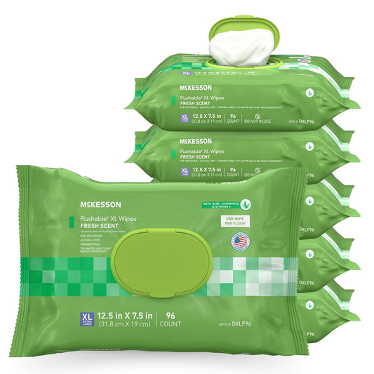 McKesson Flushable* Adult Wet Wipes XL – 576 Wipes (6 Pack of 96) – Aloe & Vitamin E, Plant-Based Cleansing Wipes, Scented, Extra Large