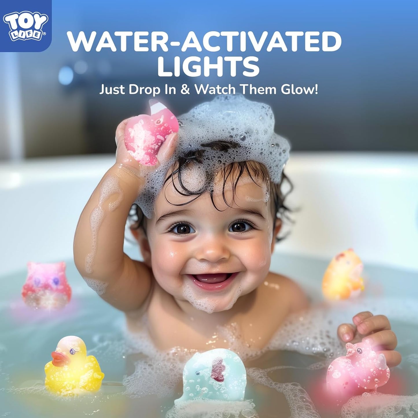 TOY Life 12 PC Animals Light Up Bath Toys for Kids, No Hole Glow Bath Toys for Kids Ages 4-8, Baby Toddler Bath-Time Gifts for Easter, Halloween, Christmas, Ideal for Shower, Bathtub, Swimming Pool