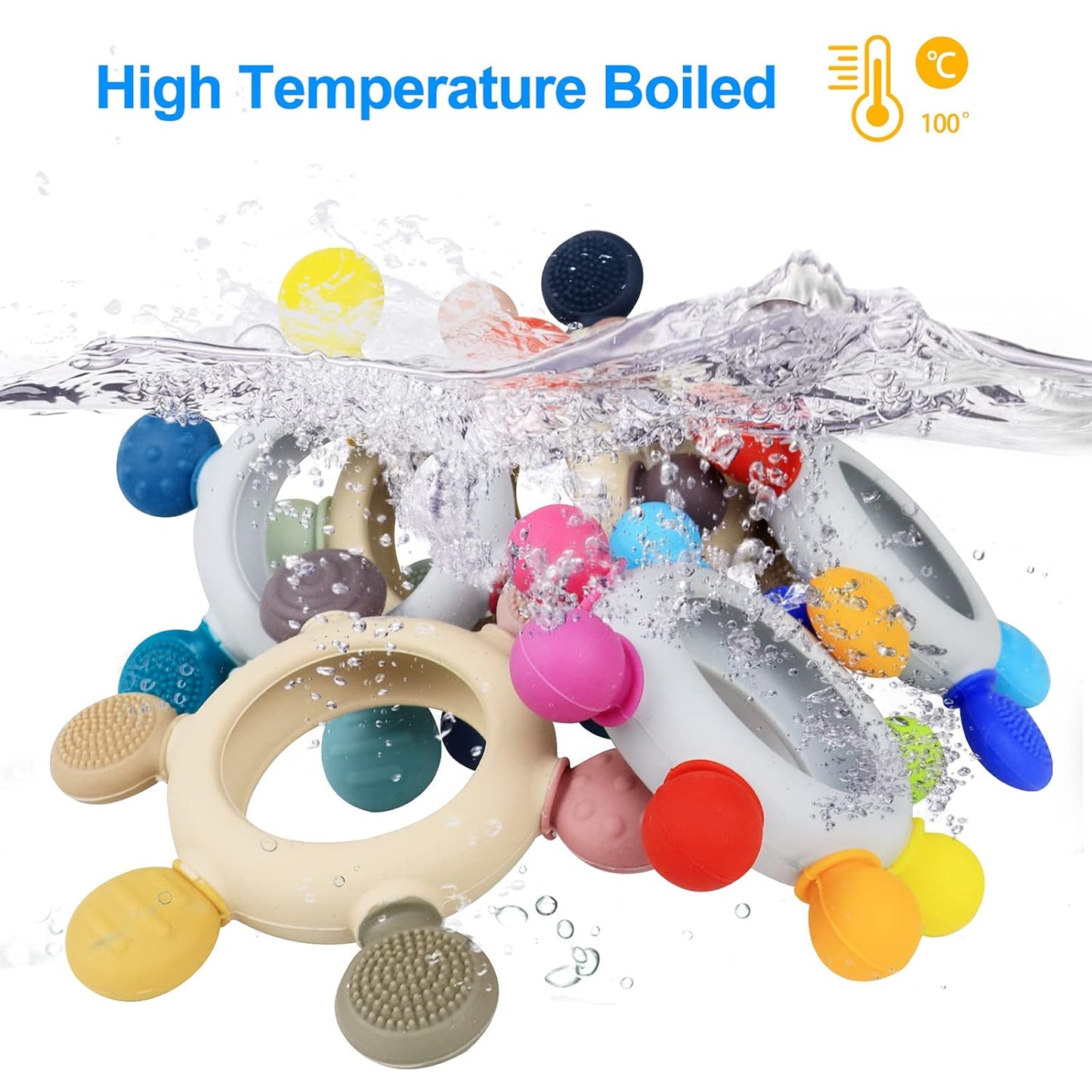 Baby Teething Toys Silicone Teethers BPA Free Silicone Rudder with Wooden Ring Soothe Babies Gums (Rainbow)