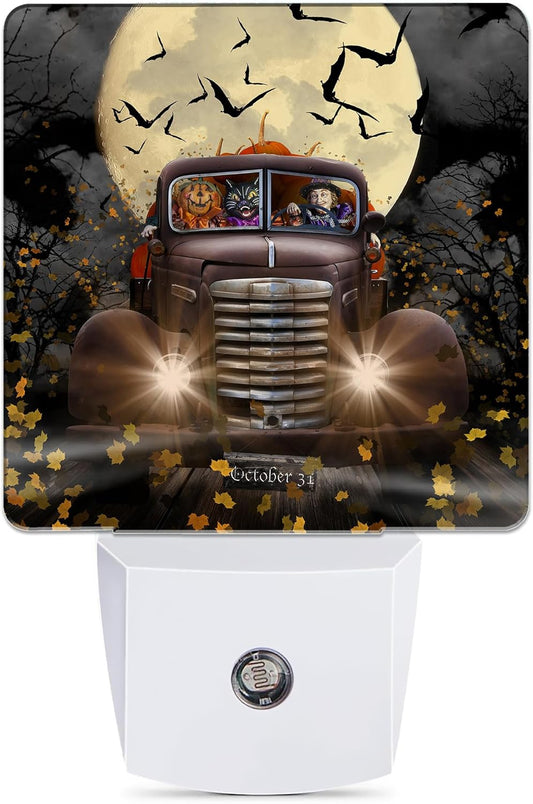 Halloween Truck Night Light, Witch Cat Pumpkin Night Lights Plug into Wall Decorations for Bedroom, Bathroom, Dusk to Dawn Sensor Nightlights for Girls Women Room Gifts
