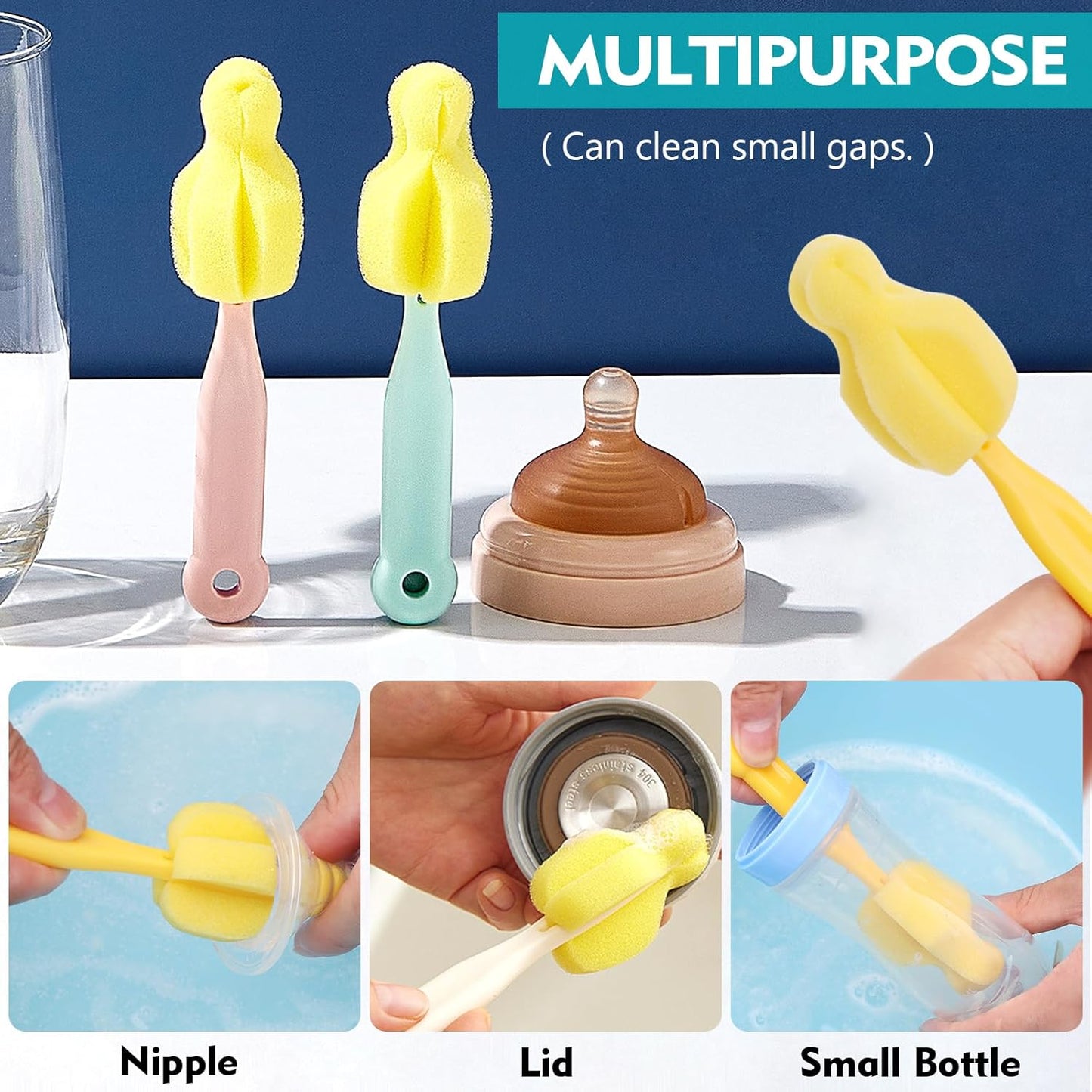 Sponge Bottle Brush 12 PCS Sponge Nipple Brushes Baby Bottle Nipple Cleaning Brush Long Handle Baby Milk Bottle Brush (12PCS)
