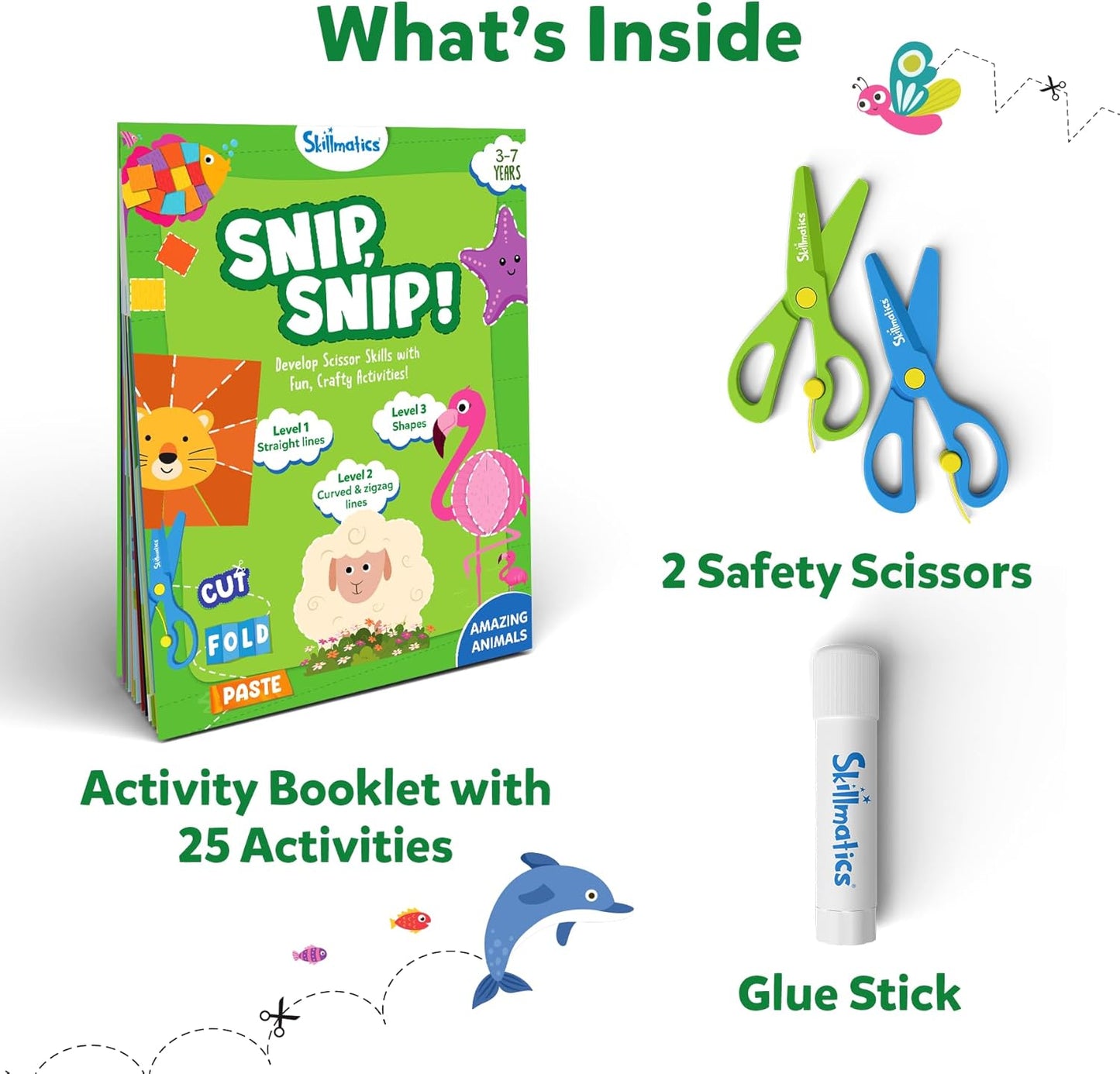 Skillmatics Scissor Skills Activity Book - Snip Snip Animals, Stocking Stuffers, 25 Fun Cutting & Creative Activities, 2 Child-Safe Scissors, Felt Craft Kit, Christmas Gift for Kids Ages 3, 4, 5, 6, 7