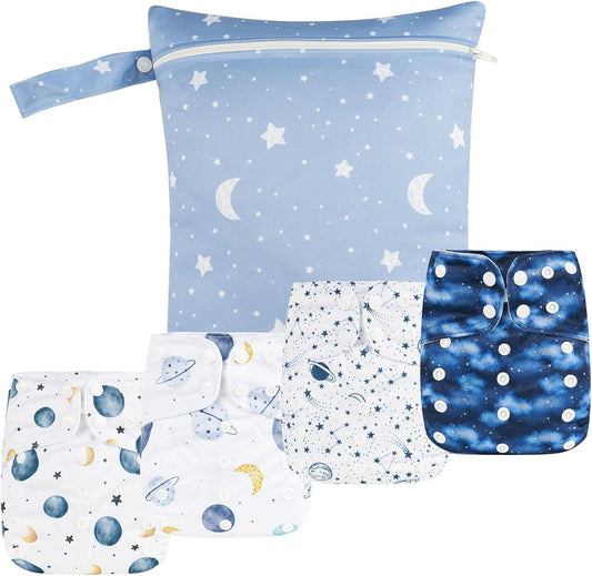 HappyFlute 9 Sets Newborn Baby Cloth Pocket Diapers Adjustable Reusable for Baby Boys and Girls(6-33 pounds,0-3 Years),One Wet Bag+4Diapers and 4Inserts (AD09)