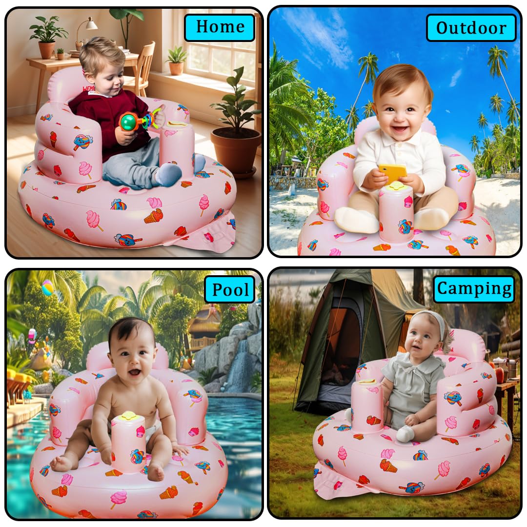 Inflatable Baby Seat for Babies 3-36 Months Blow Up Chair for Babies Infants Toddler Floor Sitting Up with Built in Air Pump (Pink, Ice Cream)