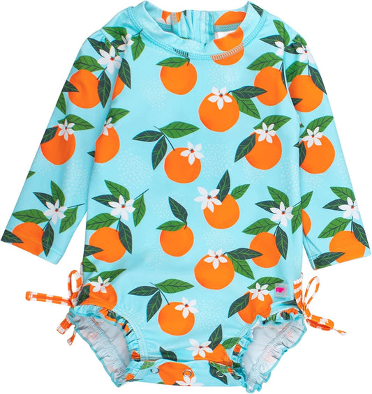 RuffleButts Baby Girls UPF 50+ Sun Protection Novelty Print Long Sleeve One Piece Rash Guard Swimsuit with Zipper