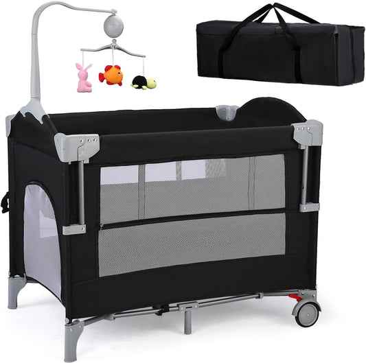 JOYMOR 4 in 1 Pack and Play, Baby Bedside Bassinet, Sturdy Play Yard with Padded Mat and Toy bar with Soft Toys