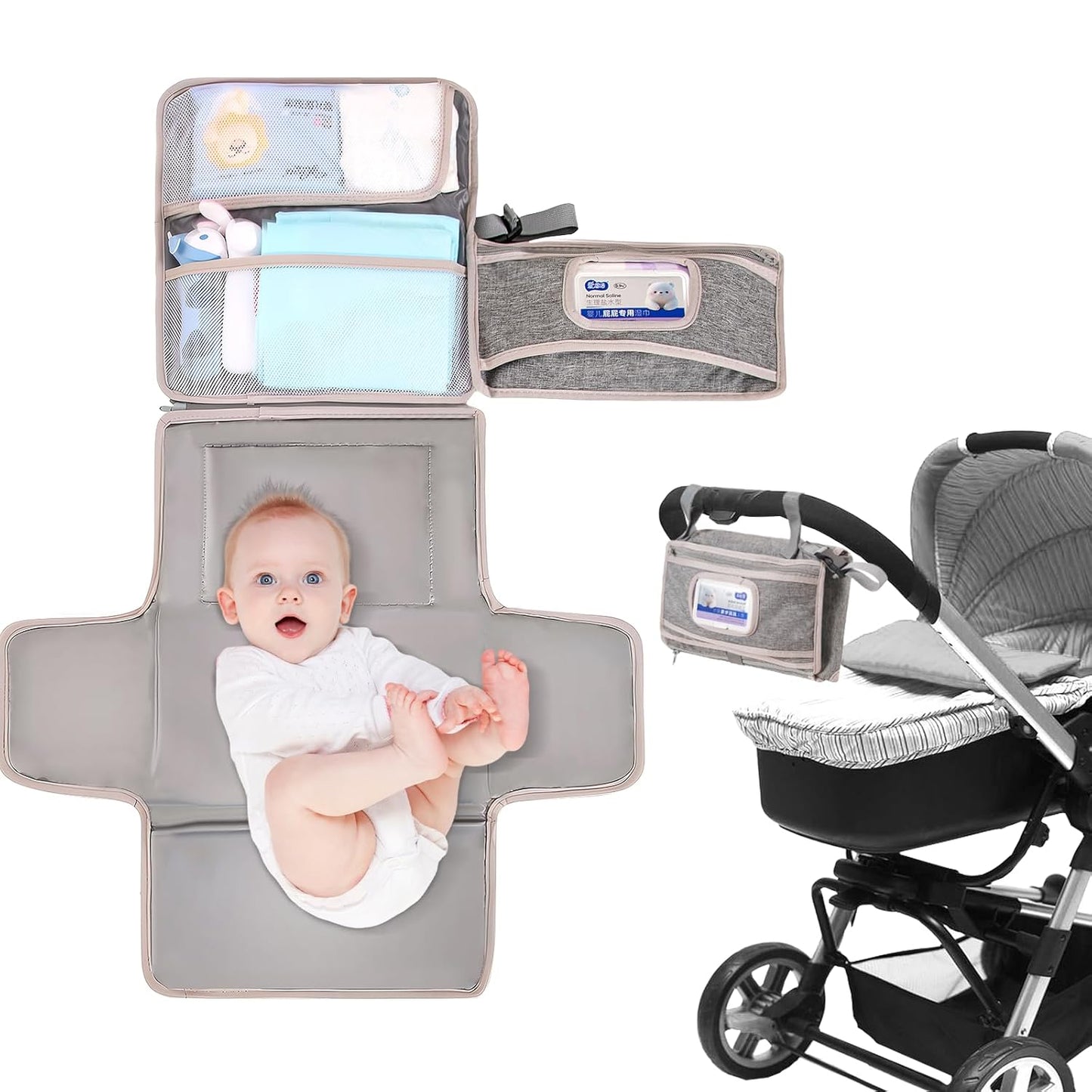 Baby Portable Diaper Changing Pad - Baby Diaper Changer Travel Bag with Wipes Pocket, Smart Design Portable Changing Mat,Gift for Newborn Girl & Boy，Gray.