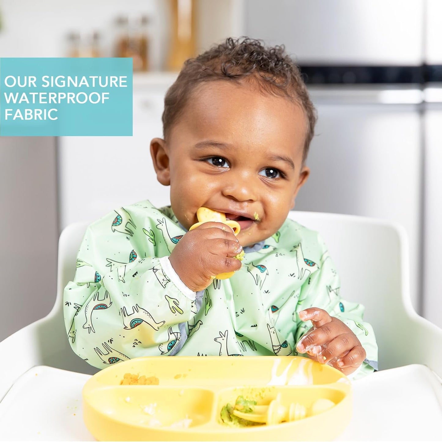 Bumkins - SuperBibs + Sleeved Bib - For Boys & Girls, Babies & Toddlers 6-24 Months - Lightweight, Durable, Waterproof - Catch-All Pocket - Wipeable & Machine Washable - No Prob-llama Green - 3 Pack