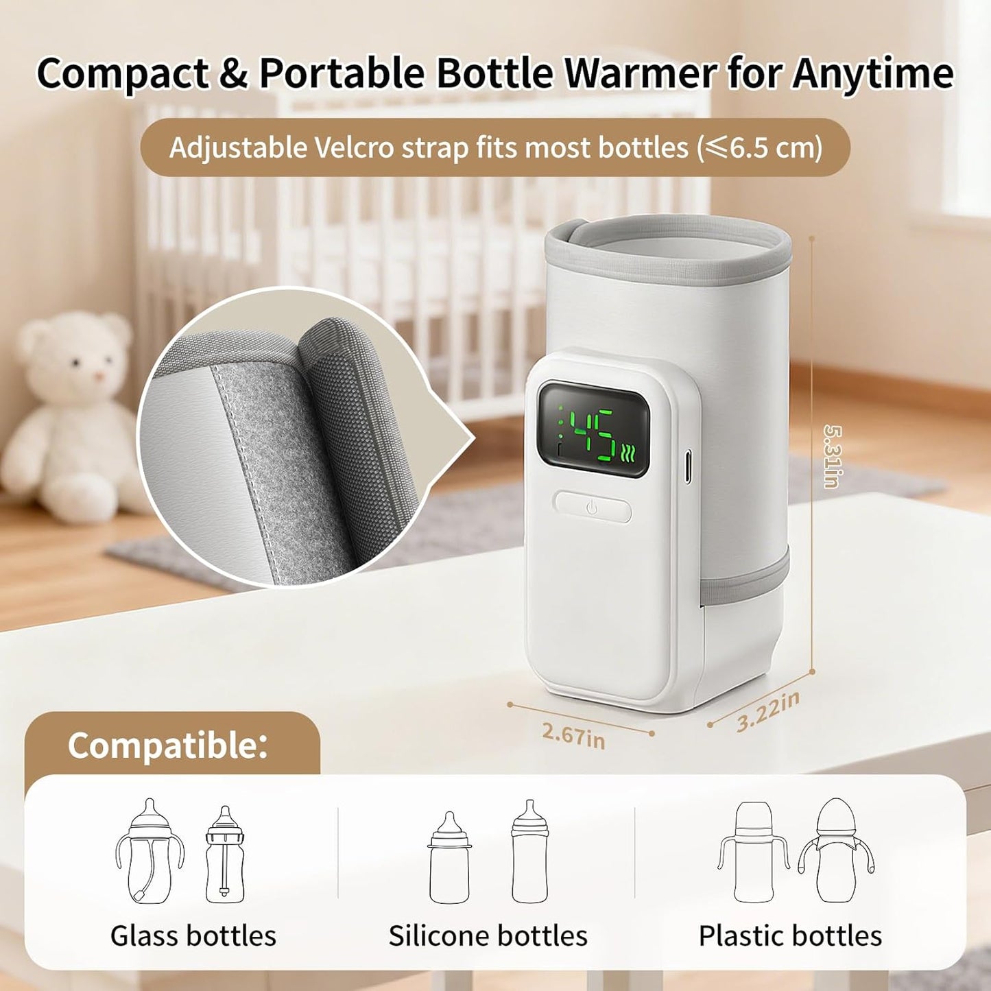 Portable Baby Bottle Warmer for Travel,Breastfeeding Essentials,Baby Bottle-Feeding Supplies Bottle Warmer On The Go,Breast Milk Warmer for Baby,Rechargeable 5000 mAh Battery,Digital Display