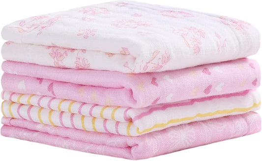 Viviland Baby Muslin Burp Cloths, Super Absorbent Washcloths for Baby Girl and Boy, 10 x 20 inches 6-Layer Baby Bath Towels, Pink Flowers & Hearts 4 Pack