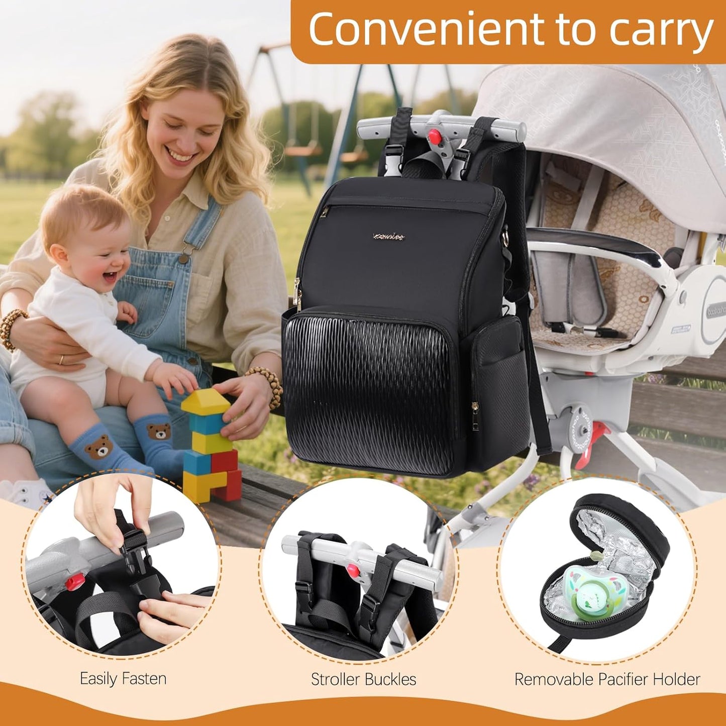 Stylish Baby Diaper Bag, Baby Bag with Changing Pad, Pacifier Case& Stroller Straps, Large Diaper Backpack Boy Girl, Water Resistant Travel Diaper Backpack for Mom Dad