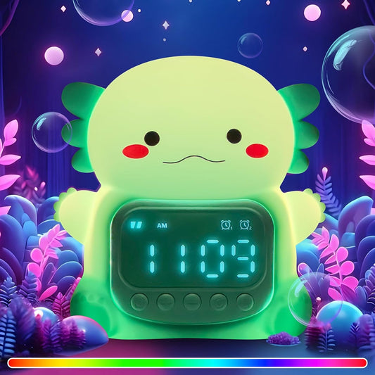 Axolotl Alarm Clock with Night Light for Kids, Rechargeable Silicone Lamp Time to Wake Clock Cute Animal Tabletop Lamp, Perfect Sleep Companion for Boys Girls, Green