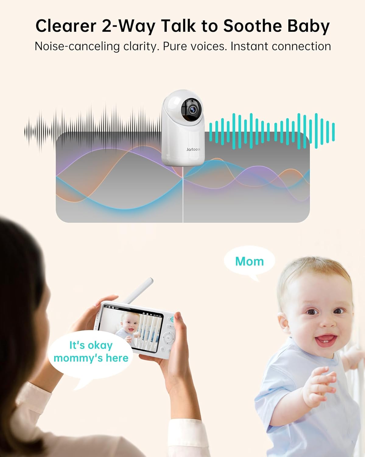 Jartoo 2K Video Baby Monitor with Camera and Audio, 1860ft Long Range Baby Monitor No WiFi 5.5" FHD Screen ANC Baby Camera Wireless, Feeding Clock, Night Vision, 2-Way Talk, AI Cry Detect, 6000mAh