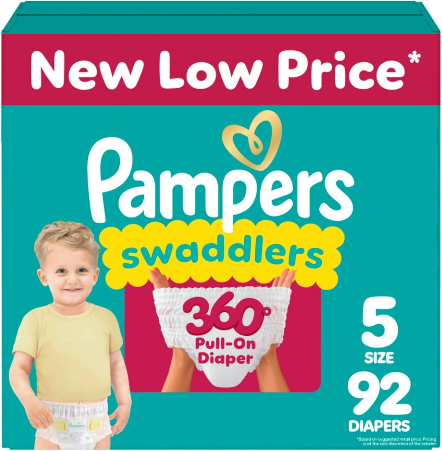 Pampers Diapers - Swaddlers 360° - Size 5, 92 Count, up to 100% Leakproof Comfy Dry Fit, Designed for Easy Changes, Pull On Baby Diaper (Packaging May Vary)